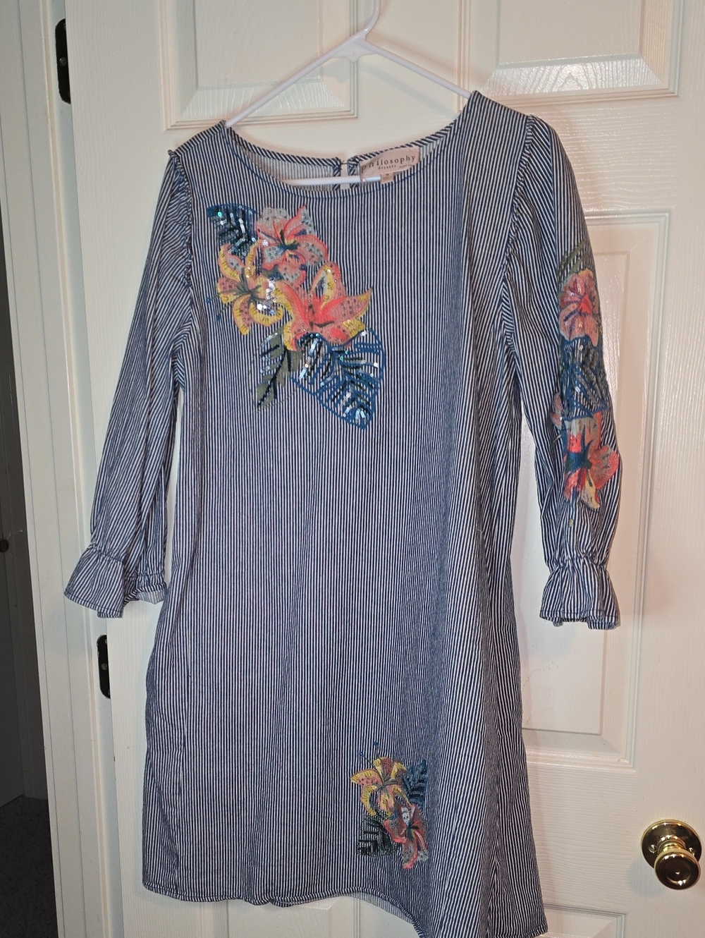 Philosophy Navy and White Pinstripe Dress with Floral Embroidery